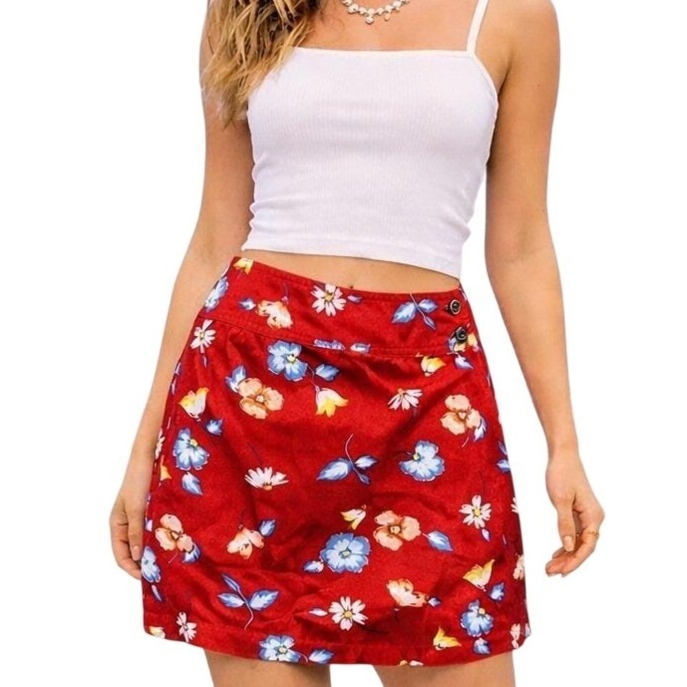 Vintage 90s Liz Wear Petite Red Floral Skort Skirt Shorts Summer Casual Cute Y2K